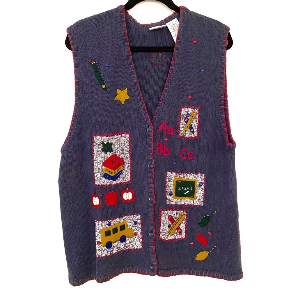 Bobbie Brooks Blue Vest with Colorful School-Themed Embroidery